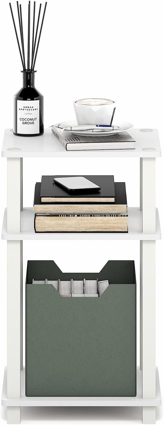 Furinno JUST Side Table, 3-Tier Open Shelf End Table, Toolless Assembly Night Stand, Bedside Table with Square Tube, for Living Room, Bedroom, White