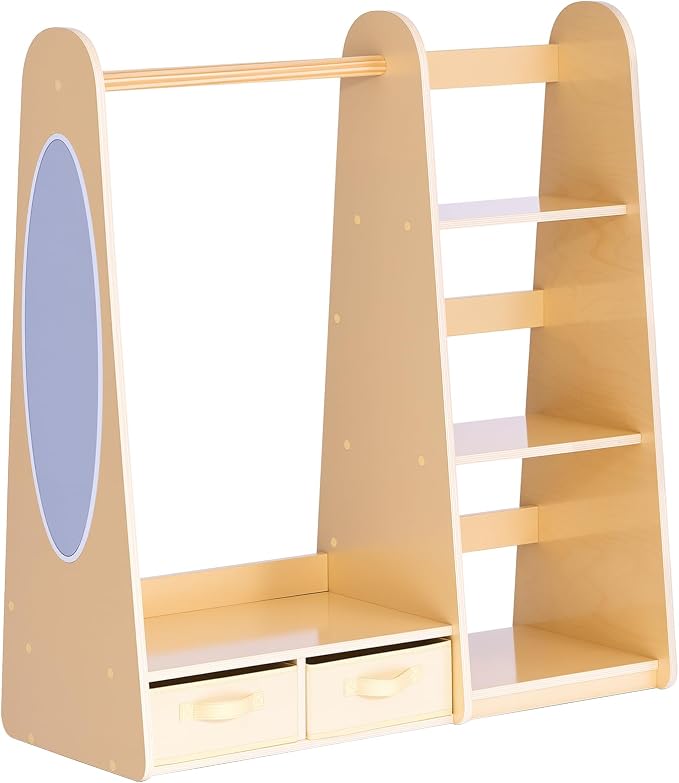 VEVOR Kids Dress Up Storage, with Mirror, Dress Up Closet, Toddler Wardrobe Closet for Little Girls, Armoire with Shelves & Bottom Tray, Costume Organizer, Toddler Room Furniture, for Bedroom, Natural