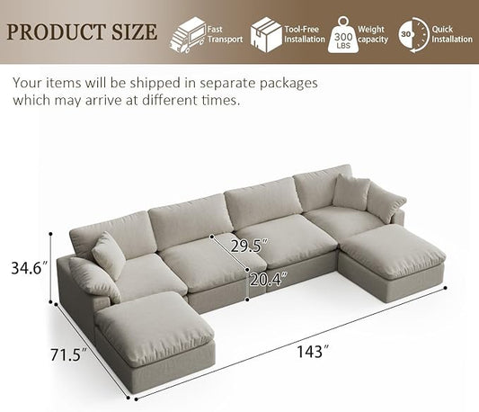 Modern Modular Sectional Sofa U-Shaped 6-Seat with Ottoman,Light Beige-Extra Comfty Deep Seat Couch for Living Room,Apartment,Office & Small Spaces
