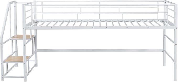 Twin Size Low Loft Bed for Kids,Metal Loft Bed Frame with Stair for Boys Girls,Kids Loft Bed Twin Size with Storage Steps,White