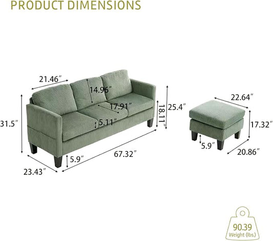 67'' L-Shaped Velvet Modular Sectional Couch Sofa with Ottoman, 3-Seat Convertible Cloud Deep Seat Sofa Couches for Living Room Bedroom Apartment, Cozy Chaise Lounge Sofas (Olive Green)