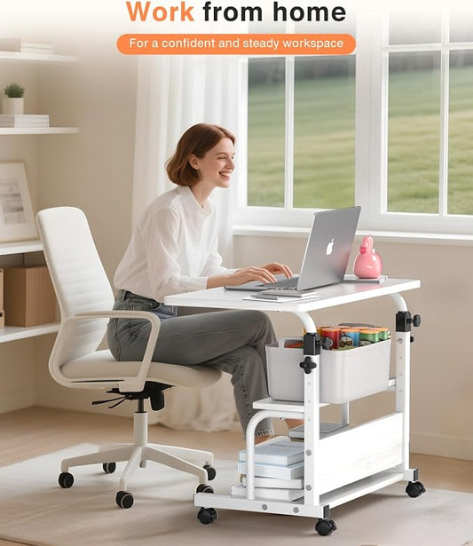 QZMDSM Portable Desk with Wheels Small Standing Desk on Wheels Adjustable Height Rolling Desks for Small Spaces, 32" Computer Desks with Storage Shelves for Home Office Study White
