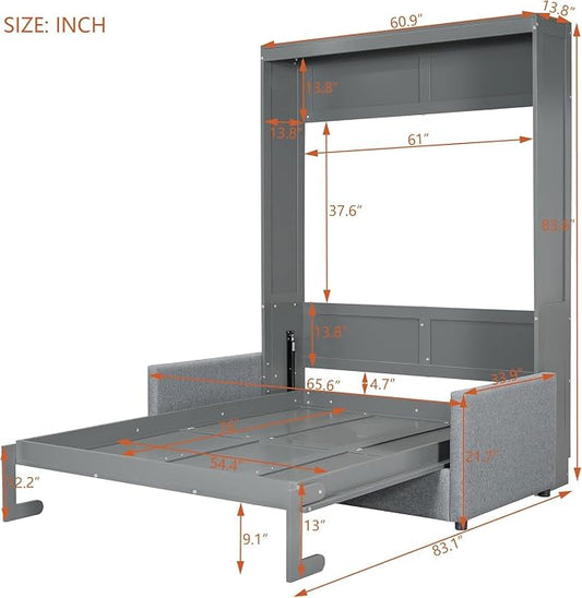 MERITLINE Full Murphy Bed with Couch,Wood Murphy Bed Cabinet with Sofa,Fold up Bed Grey Murphy Wall Bed Full Size
