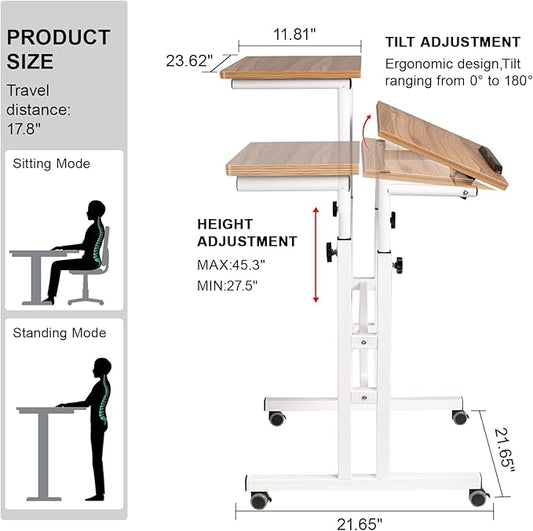 Hadulcet Mobile Standing Desk with Charging Station, Adjustable Standing Computer Desk, Standing Adjustable Laptop Cart with Wheels for Home Office Classroom Vintage Oak