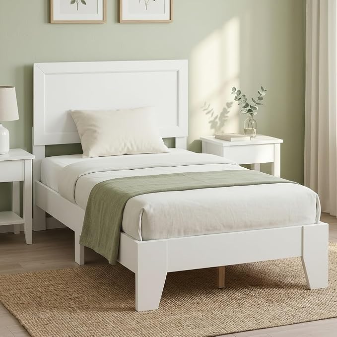 KOMFOTT Twin Size Bed Frame, Modern Platform Bed with Headboard, Wooden Slat Support Mattress Foundation, Under-Bed Storage Space, No Box Spring Needed (White,Twin)