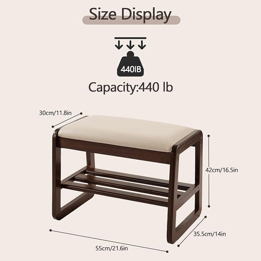 Achicsofar Small Shoe Rack Bench,2 Tier Solid Wooden Entryway Bench with Shoe Storage, Shoe Rack with Cushion for Living Room, Hallway(Pu Beige, 21.6")
