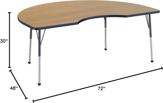 FDP Kidney (48 x 72 inch) Collaborative Classroom Table with Adjustable Standard Ball Glide Legs (19-30 in); School and Office Furniture - Pasadena Oak Top/Navy Edge and Legs