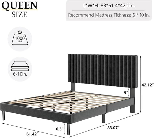 HAOARA Queen Size Platform Bed Frame with Velvet Upholstered Headboard, Queen Bed Frame with Strong Wood Slats, Box Spring Optional, Mattress Foundation, Easy Assembly Black