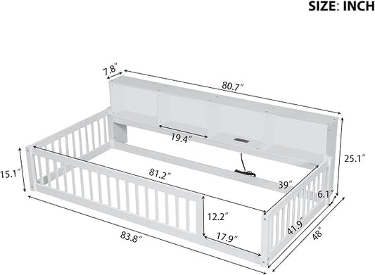 Bellemave Kids Montessori Floor Bed Twin XL Size,Floor Bed Frame with Bookcase and Charging Station for Kids Boys Girls,White
