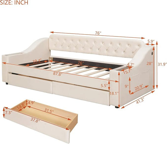 Merax Twin Size Upholstered Daybed with Storage Armrests, Wooden Sofa Bed Frame with 2 Drawers and USB Port, Beige