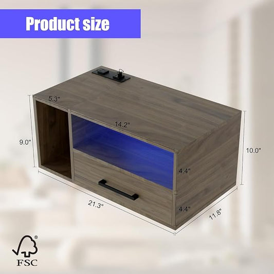 Homaterial Floating Nightstand with Charging Station and LED Lights, Floating Bedside Table with Drawers Wall Mounted Nightstands,for Bedroom Room, 21.3" x 11.8" x 10",Grayish Brown