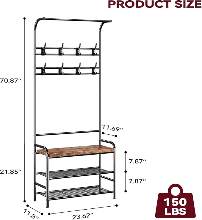OUTLANE Hall Tree Shoe Bench for Entryway, Hall Tree with Bench and Shoe Storage, 4-in-1 Coat Rack Storage Bench with 8 Hooks, Freestanding Entryway Organizer for Hallway, Bedroom, Small Spaces, Brown