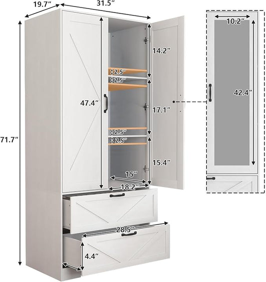 72" Wardrobe Closet with Mirror, Bedroom Armoire with Drawers, Hanging Rod and LED Light, Farmhouse Wooden Clothes Storage Cabinet for Bedroom, Guest Room, Apartment,White