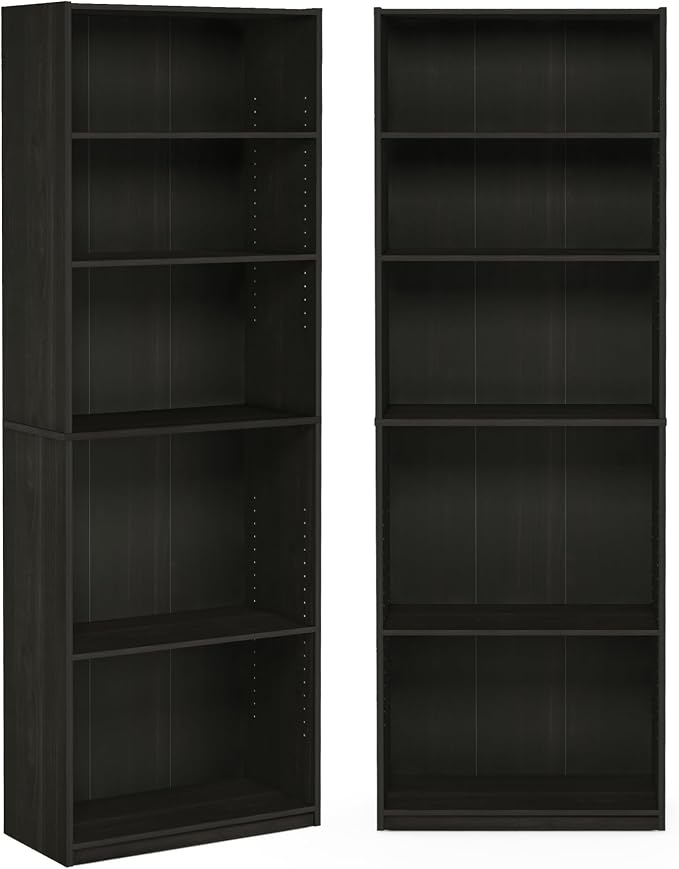Furinno Jaya Book Shelf Set of 2, 5-Tier Bookshelf, Bookcase, with Adjustable Shelf, 9.5 x 24.5 x 71, for Home Office, Living Room, Espresso