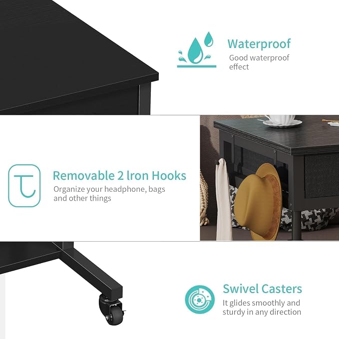 Small Portable Rolling Standing Desk - 32 Inch Adjustable Mobile Stand Up Gaming Desks with 2 Fabric Drawers on Wheels, Couch Sofa Side Laptop Table with Storage for Home Office, Black