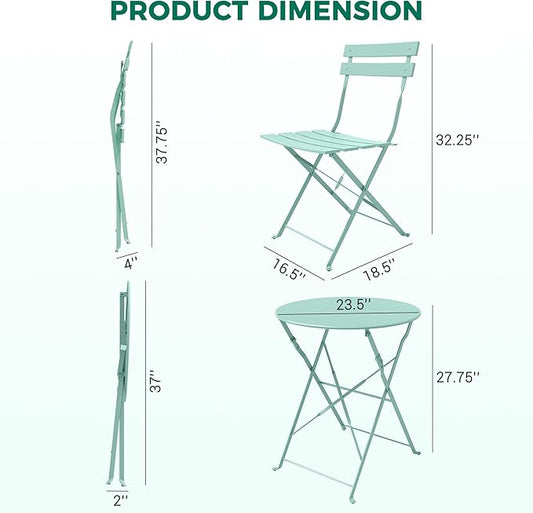Grand patio 3-piece Steel Foldable Bistro Set, 2 Chairs and 1 Table, Weather-Resistant Outdoor/Indoor Conversation Set for Patio, Yard, Garden-Macaron Blue