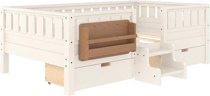 Bellemave Twin Montessori Bed with Stairs, Rails and Slats, Twin Size Montessori Floor Bed with Bookshelf and 2 Storage Drawers, Easy Assemble Beds Frame for Girls, Boys, Beige