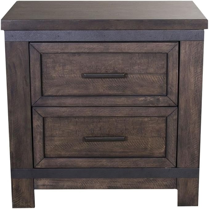 Pemberly Row 4-Piece King Bedroom Set, Rubberwood and Mango Veneers, Rock Beaten Grey Finish with Saw Cuts, Includes Panel Bed, 8-Drawer Dresser with Mirror, 2-Drawer Nightstand, Industrial Style