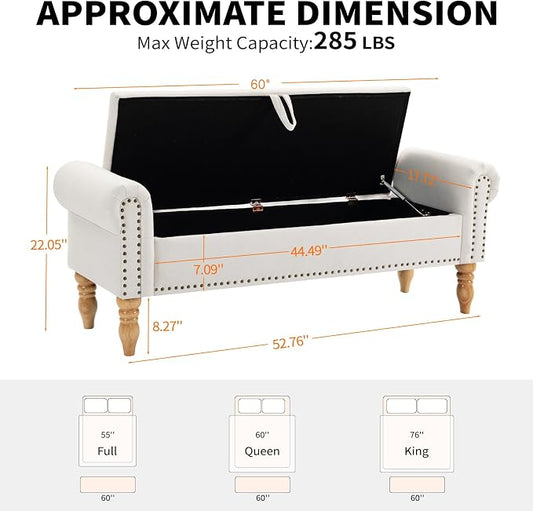 Storage Bench for Bedroom, 60" End of Bed Bench Premium Linen Upholstered Storage Ottoman, Entryway, Closet, Beige