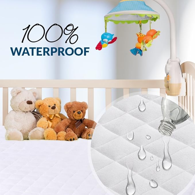 PlushDeluxe Pack and Play Mattress Protector, 39”x27”, Waterproof Playard Pack N Play Mini Crib Cover, Soft Viscose Made from Bamboo with Quilted Terry Cotton Top, Noiseless White Fitted Sheet Style
