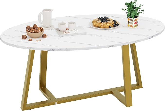 Wolawu Coffee Table White Faux Marble Coffee Table for Living Room,Oval Center Tables Modern Tea Table for Small Space,Wooden Living Room Tables End Table with Sturdy Gold Metal Leg