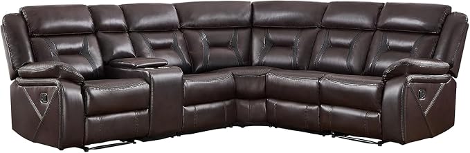 EBELLO Faux Leather Reclining Sectional Sofa Set for Living Room, 1 Recliner Chair and L-Shaped Reclining Couches Home Furniture Set with Center Console, Hidden Cup Holders and Storage, Dark Brown