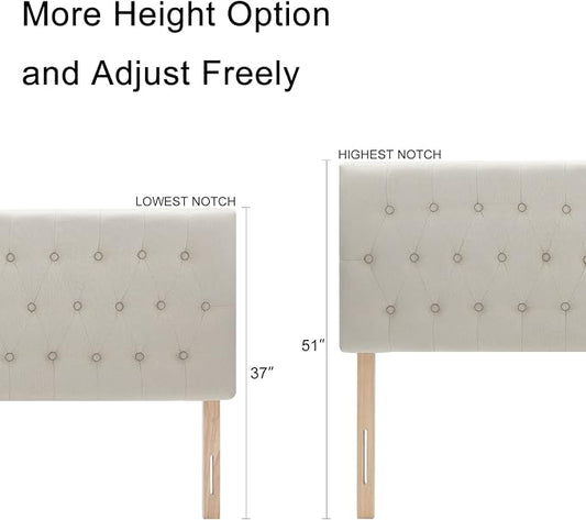 Tufted Upholstered Full Size Bed Headboard in Modern Button Design, Adjustable Solid Wood Head Board, Premium Linen Fabric Padded Headboards in Bedroom (Beige)