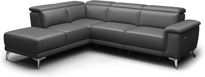 Valencia Pista 113" Cloudy Grey Full Leather Reclining Sectional Sofa with Left Hand Chaise | Power Recliner Chair, Nappa 11000 Leather | L Shaped Couch for Living Room Furniture