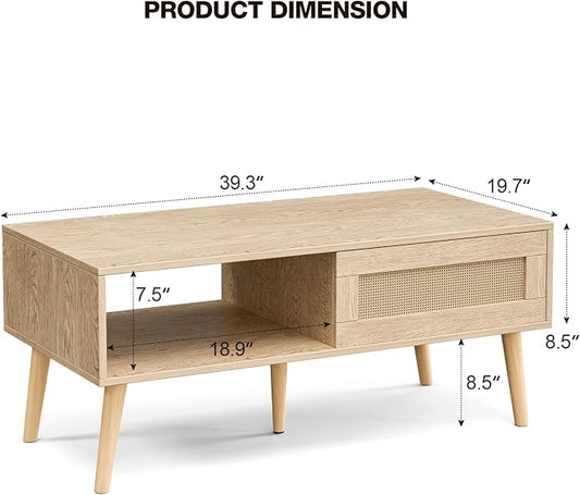 ZttRiee Rattan Coffee Table with Sliding Doors, Mid-Century, Natural | 39.4"L x 19.7"W x 16.5"H, 220 lbs capacity, 2 compartments, solid wood legs, ~30 min assembly