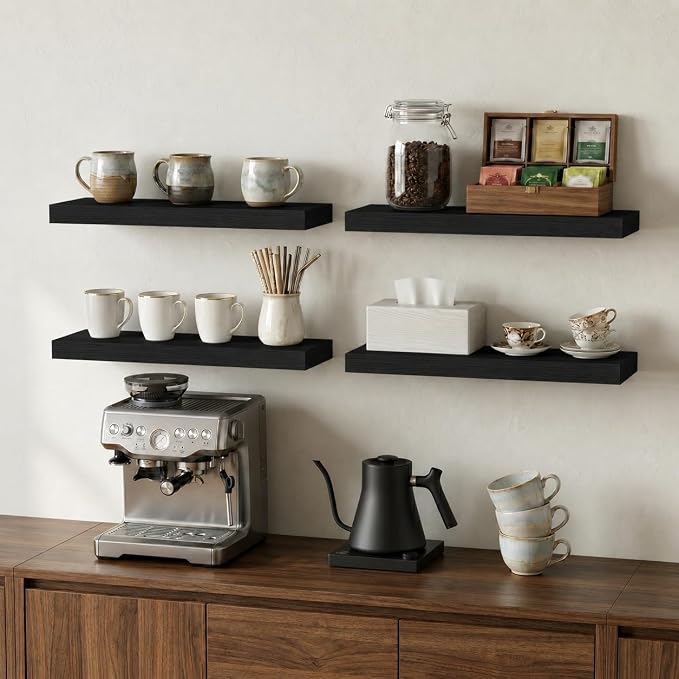 Floating Shelves for Wall, 16 inch Set of 3 Bathroom Shelf Bedroom Kitchen Living Room Hanging Book Shelves Small Farmhouse Decor, Black