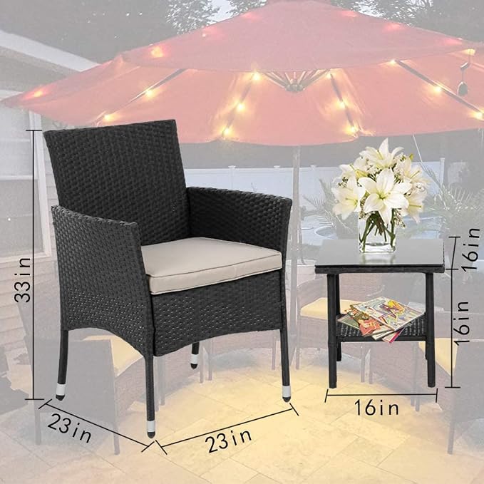 Patio Furniture Set 3 Piece Patio Chair Bistro Set Outdoor Rattan Chairs Wicker Conversation Set for Backyard Porch Poolside Lawn,Black