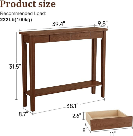 AQIMUELE Wood Console Table with Drawers, Walnut