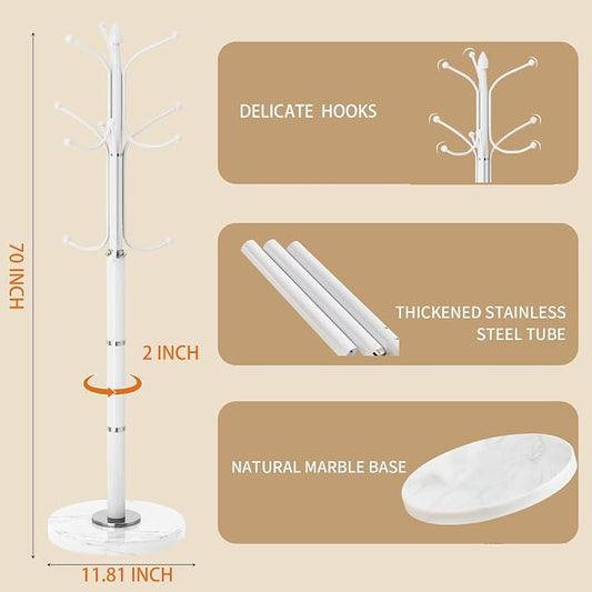 Metal Coat Rack Stand, Modern Freestanding Coat Rack with Natural Marble Base,White Coat Racks and Coat Hall Tree Hanger Stand with 12 Hooks for Entryway, Hallway, Office