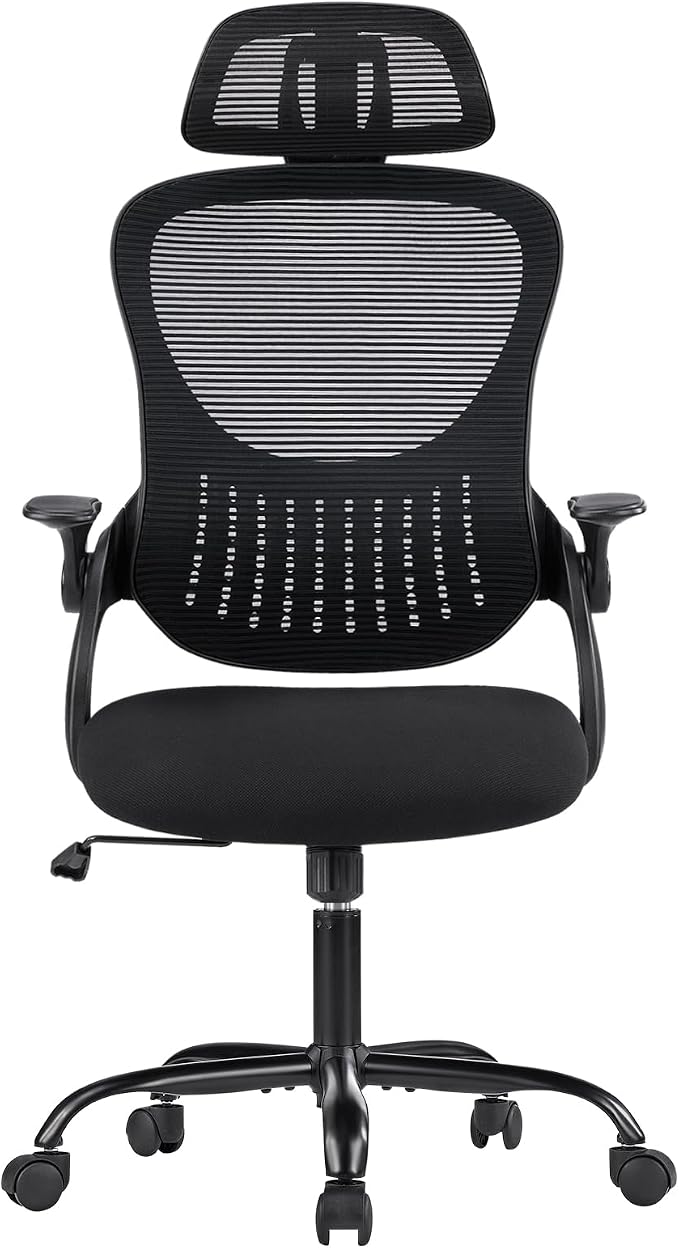 DUMOS Ergonomic Office Chair – High Back Mesh Computer Chair with Lumbar Support, Headrest, Flip-up Arms, and Swivel Wheels – Comfortable Gaming & Desk Chair for Home Bedroom Office,Black