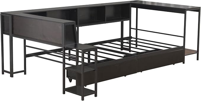 Bellemave Full Size Corner Bed Frame with Storage Drawers, Bookcase and Side Desk, Full Corner Bed with Light and Charging Station, Daybed for Bedroom, Living Room, Guest Room Black