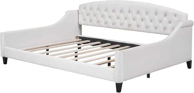Ball & Cast Full Size Daybed, Velvet Upholstered Day Bed Frame with Button Tufted Backrest,Modern Sofa Bed for Living Room, Bedroom,Guest Room,No Box Spring Needed,Beige