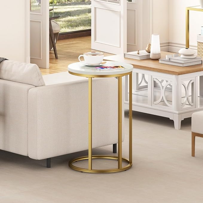 Function Home C Table End Table, Marble C Shaped Sofa Side Table, Couch Tables that Slide Under, Snack Accent Table for Living Room Bedroom Small Space, Marble Top and Gold Metal Frame