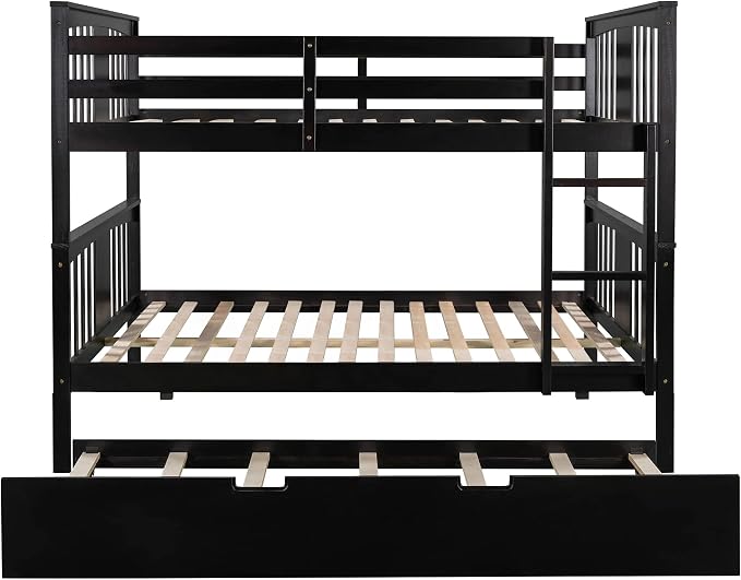 Merax Full-Over-Full Bunk Bed with Twin Trundle, Solid Wood Bunk Bed Frame with Guardrail and Removable Ladder, Can be Separated into 2 Beds, Espresso