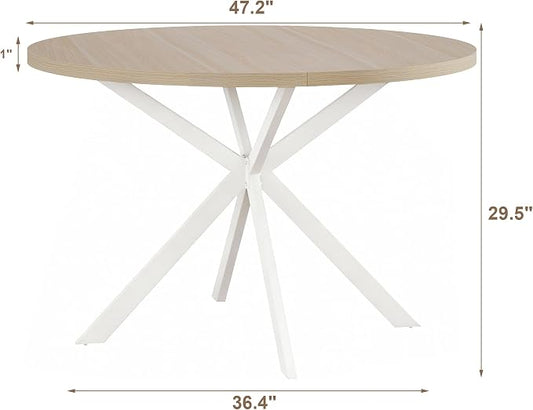 ChooChoo 47.2 Inch Round Dining Table for 4, Farmhouse Wood Kitchen Table, Circle Dinner Table for Kitchen & Dining Room, Natural Oak&White