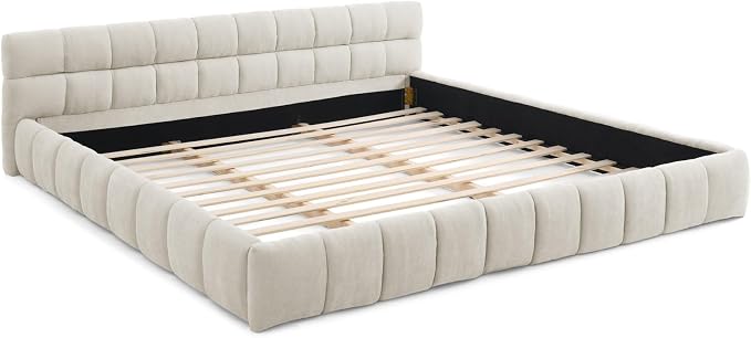 KEIKI California King Thick Chenille Platform Bed Frame with Upholstered Tufted Headboard, Modern Solid Wood Floor Platform for Bedroom, No Box Spring Needed