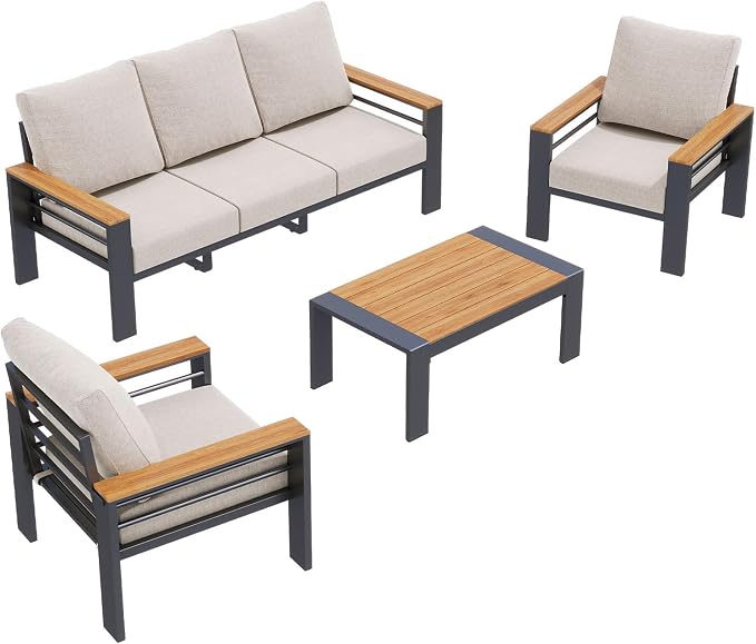 Aoxun Aluminum Outdoor Patio Furniture Set, 5 Seats Outdoor Sectional with Coffee Table, Patio Conversation Sets with Upgraded Armrests and Cushions for Backyard, Garden and Poolside(Grey)