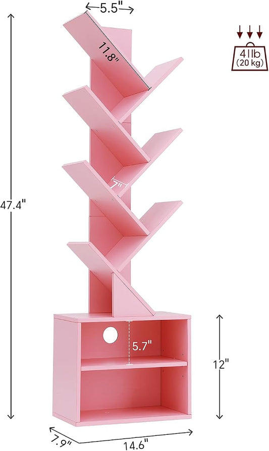 SUNMORY 6 Tier Tree Bookshelf, Small Bookcase with Storage Cabinet, Modern Tall Narrow Bookshelves Organizer, Floor Standing Book Shelf for Bedroom/Living Room/Home Office/Corner, Pink