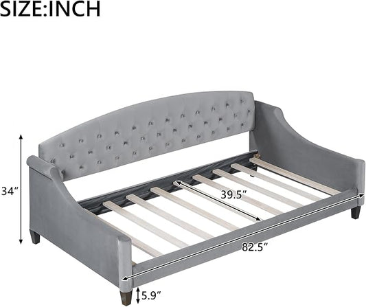 Ball & Cast Twin Size Daybed,Velvet Upholstered Day Bed Frame with Button Tufted Backrest,Modern Sofa Bed for Living Room, Bedroom,Guest Room,No Box Spring Needed,Gray