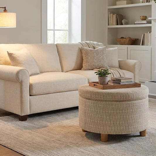 HomePop 24" Large Round Storage Ottoman - Tan Geometric Pattern