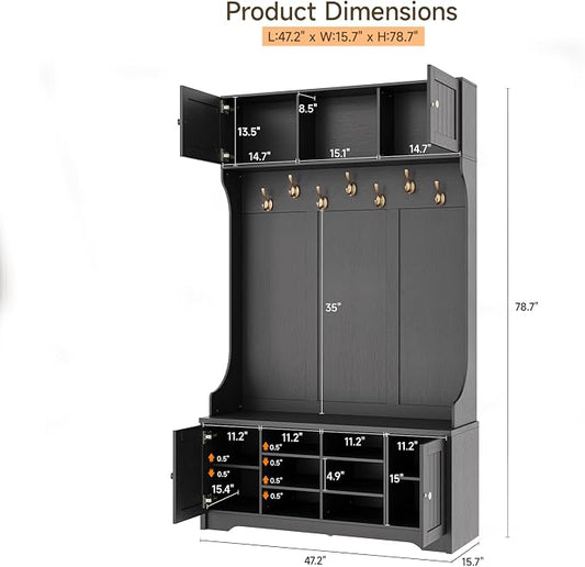 ONBRILL 78.7" Hall Tree with Bench and Storage, Entryway Bench with Coat Rack, 10 Cubbies with Adjustable Shelves & 7 Coat Hooks for Hallway, Entryway, Black