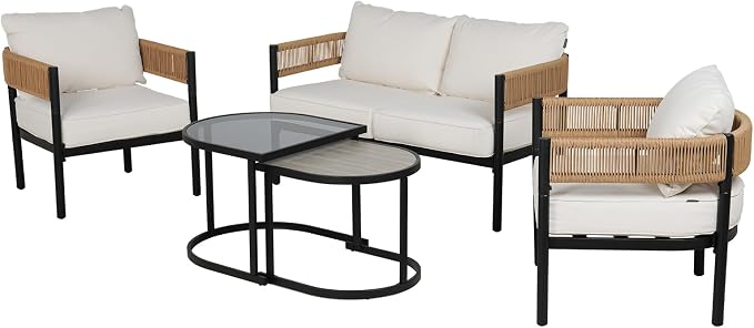 Grand patio 5-Piece Outdoor Furniture Set with Thick Cushions and Coffee Table, Wicker Sofa Conversation Set for Backyard, Natural