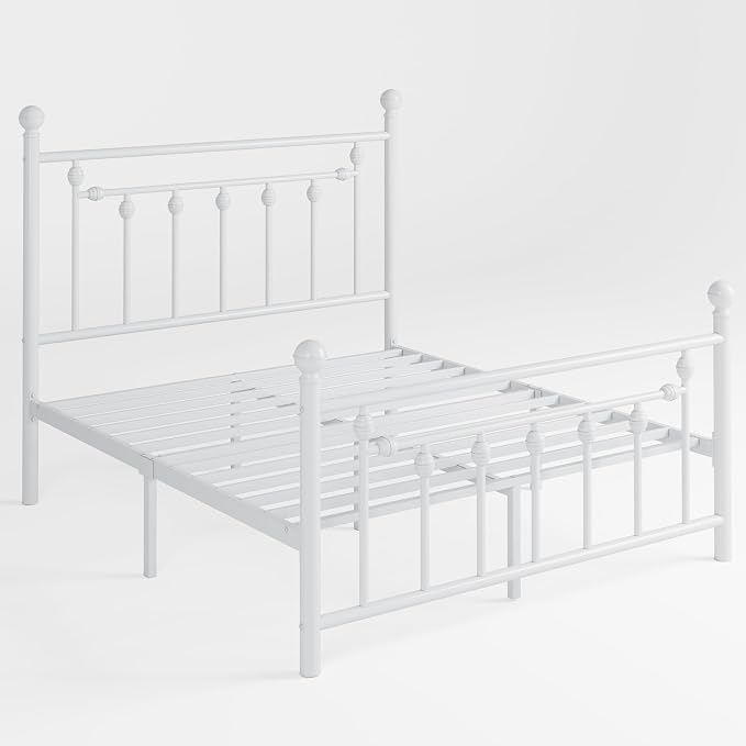 SHA CERLIN 14" Queen Size Metal Platform Bed Frame/Victorian Headboard and Footboard/Steel Slats Mattress Foundation for Storage/No Box Spring Needed/Noise Free/White