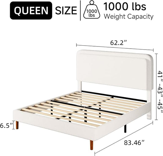 Queen Size Boucle Platform Bed Frame with Adjustable Headboard, Upholstered Cloud Bed, Solid Wooden Legs, Easy Assembly, No Box Spring Needed, White