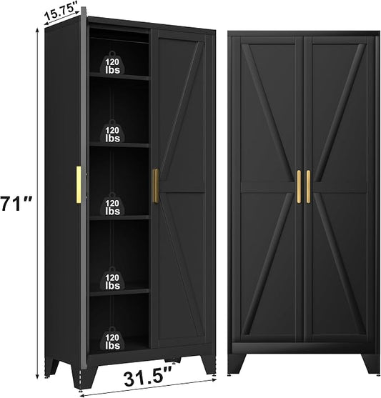 Baborokic 71H Tall Metal Storage Cabinet with 2 Doors and Adjustable Shelves,Farmhouse Storage Cabinet with Barn Doors,Pantry Storage for Home,Office,Bathroom,Dining Room,Kitchen(Black)