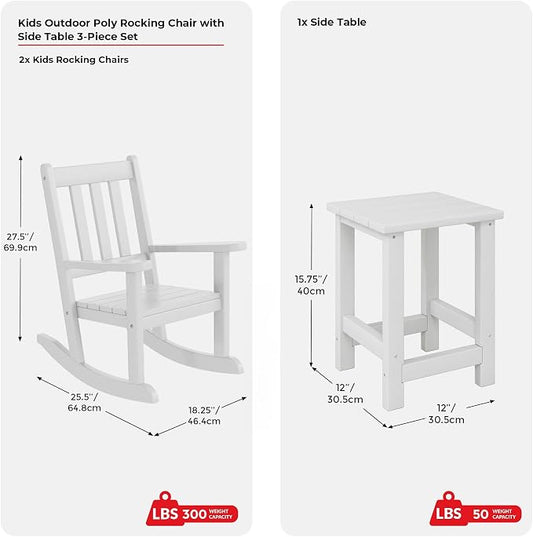 Costaelm Paradise Kids 3-Piece Outdoor HDPE Plastic Square Side Table and Rocking Chairs Set, White